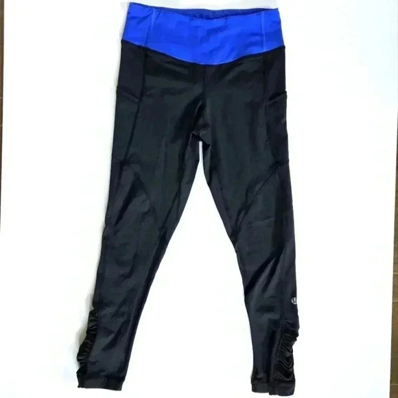 Lululemon Size 4 Black and Blue Waist Ruched Athletic Workout Legging - Picture 1 of 14